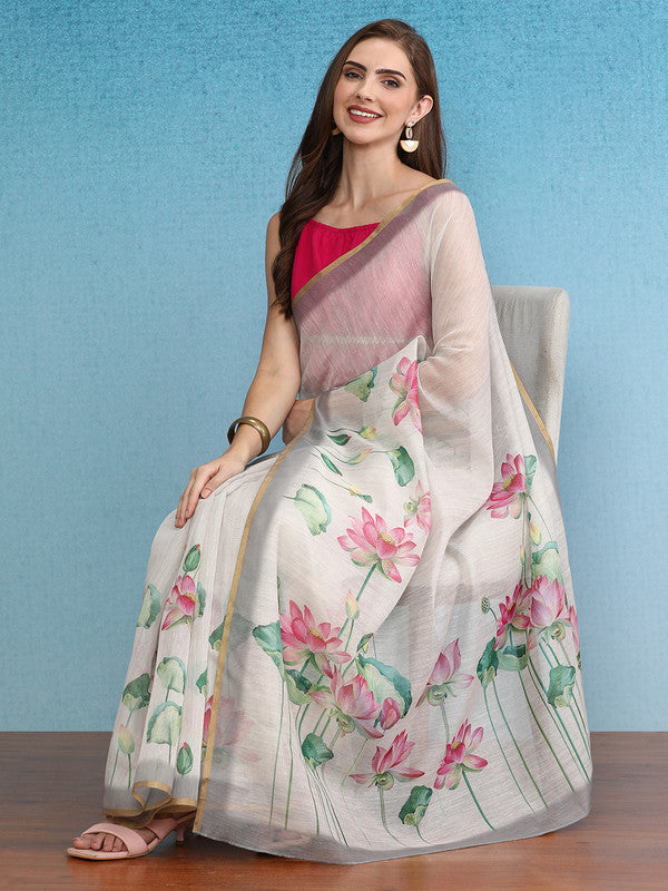 Beige Cotton Blend Digital Print Floral Saree with Unstitched Blouse - Hiral Fashion | Swadesiicart