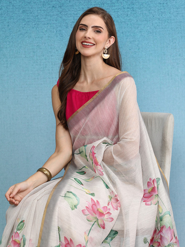 Beige Cotton Blend Digital Print Floral Saree with Unstitched Blouse - Hiral Fashion | Swadesiicart
