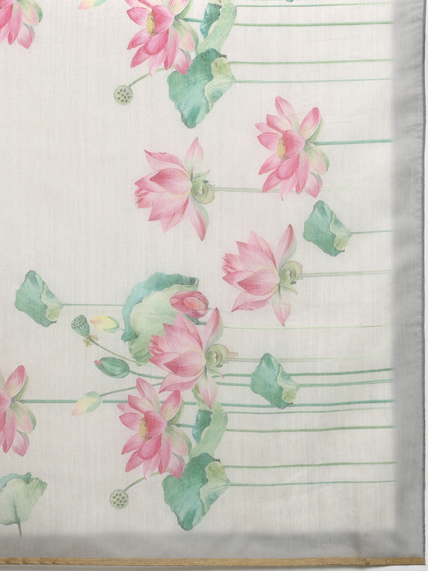 Beige Cotton Blend Digital Print Floral Saree with Unstitched Blouse - Hiral Fashion | Swadesiicart