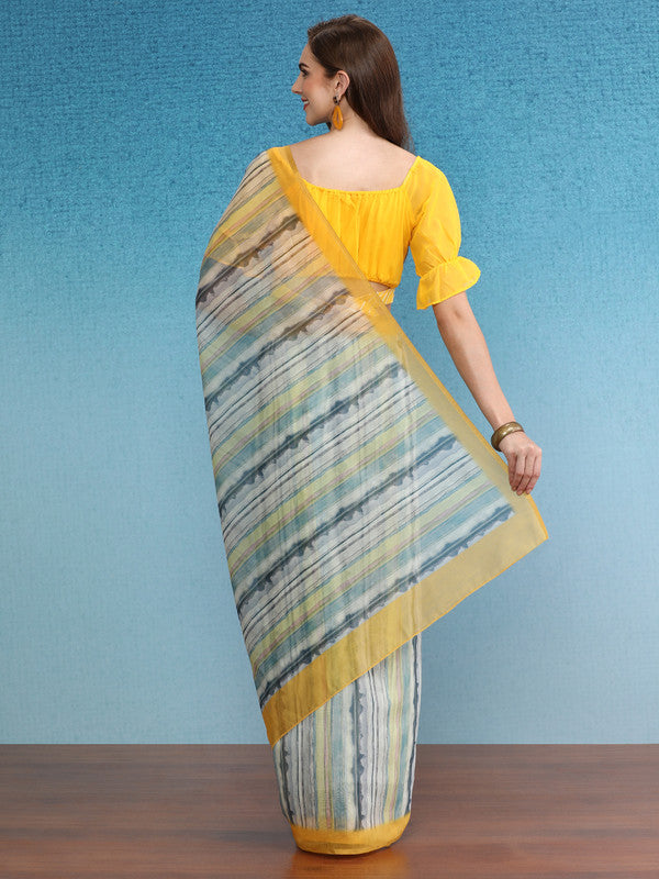 Mustard Cotton Blend Digital Print Striped Saree with Unstitched Blouse - Hiral Fashion | Swadesiicart