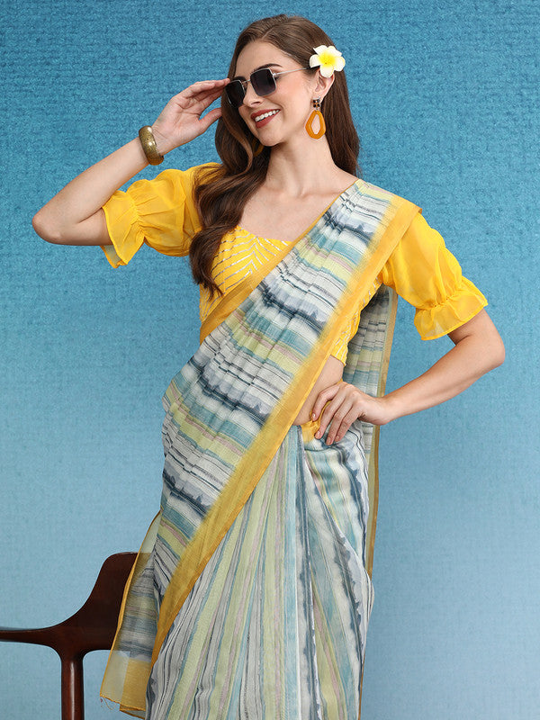 Mustard Cotton Blend Digital Print Striped Saree with Unstitched Blouse - Hiral Fashion | Swadesiicart
