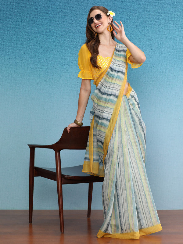 Mustard Cotton Blend Digital Print Striped Saree with Unstitched Blouse - Hiral Fashion | Swadesiicart