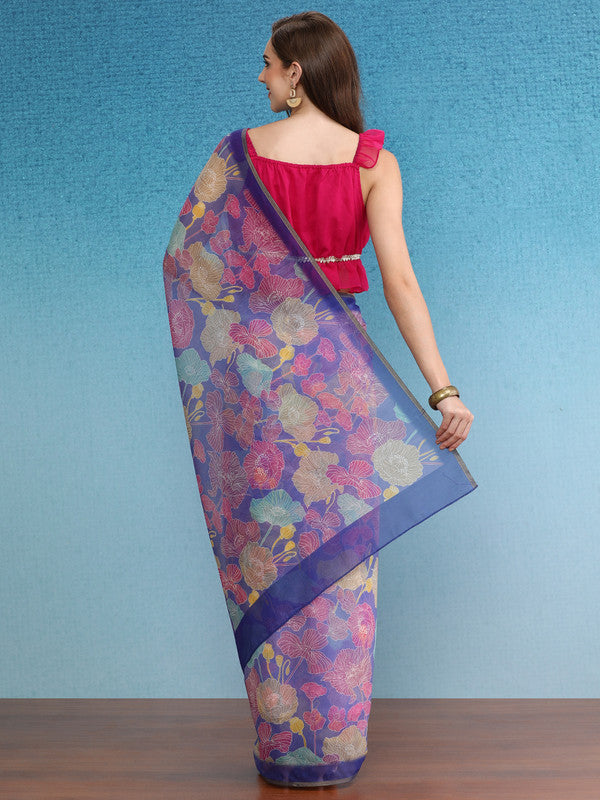 Multicolor Cotton Blend Digital Print Floral Saree with Unstitched Blouse - Hiral Fashion | Swadesiicart