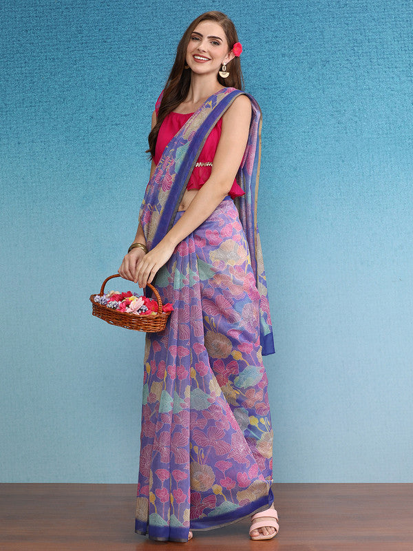 Multicolor Cotton Blend Digital Print Floral Saree with Unstitched Blouse - Hiral Fashion | Swadesiicart