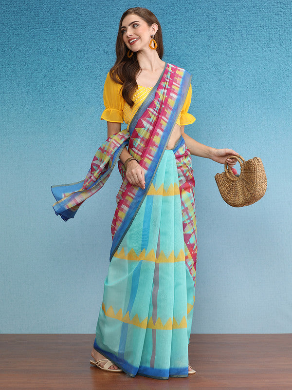Multicolor Cotton Blend Digital Print Geomatric Saree with Unstitched Blouse - Hiral Fashion | Swadesiicart
