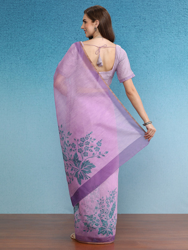 Purple Cotton Blend Digital Print Floral Saree with Unstitched Blouse - Hiral Fashion | Swadesiicart