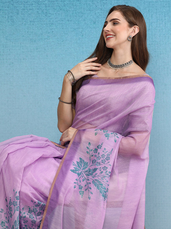 Purple Cotton Blend Digital Print Floral Saree with Unstitched Blouse - Hiral Fashion | Swadesiicart