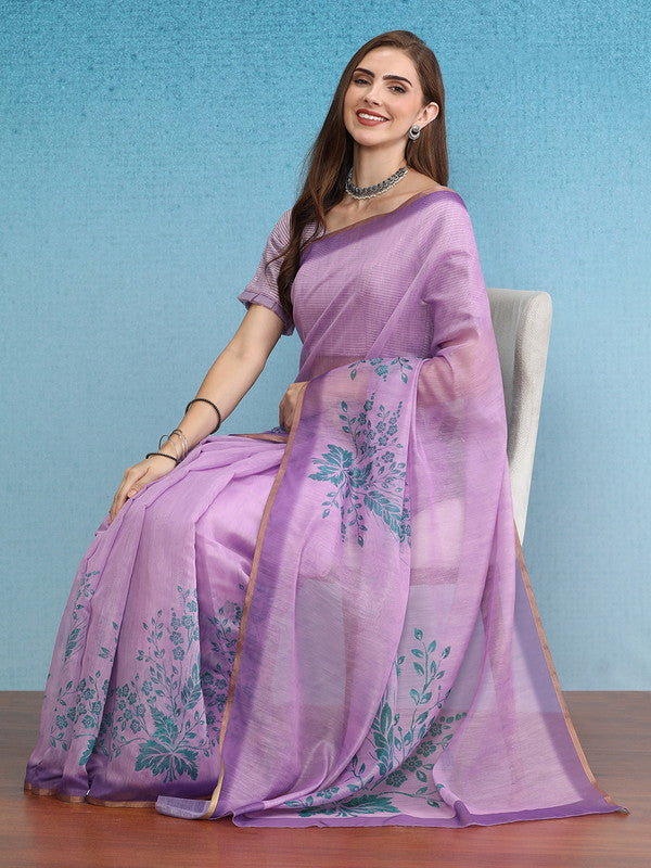 Purple Cotton Blend Digital Print Floral Saree with Unstitched Blouse - Hiral Fashion | Swadesiicart