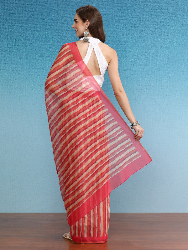 Red Cotton Blend Digital Print Striped Saree with Unstitched Blouse - Hiral Fashion | Swadesiicart