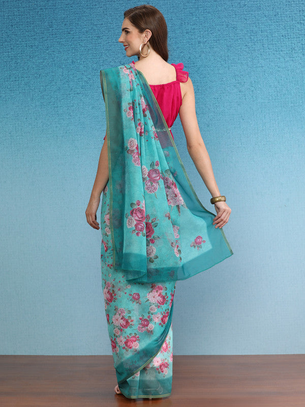 Turquoise Cotton Blend Digital Print Floral Saree with Unstitched Blouse - Hiral Fashion | Swadesiicart