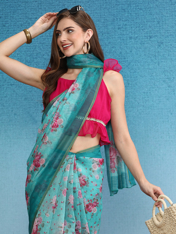 Turquoise Cotton Blend Digital Print Floral Saree with Unstitched Blouse - Hiral Fashion | Swadesiicart