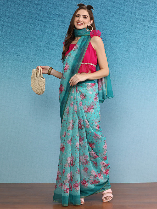Turquoise Cotton Blend Digital Print Floral Saree with Unstitched Blouse - Hiral Fashion | Swadesiicart