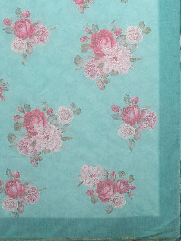Turquoise Cotton Blend Digital Print Floral Saree with Unstitched Blouse - Hiral Fashion | Swadesiicart