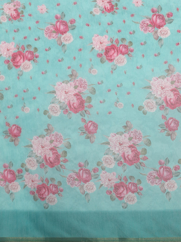 Turquoise Cotton Blend Digital Print Floral Saree with Unstitched Blouse - Hiral Fashion | Swadesiicart