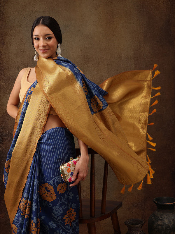 Blue Kanjeevaram Silk Digital Print Floral Saree with Unstitched Blouse - Hiral Fashion | Swadesiicart