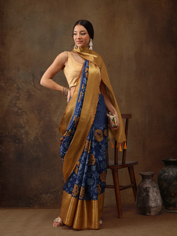 Blue Kanjeevaram Silk Digital Print Floral Saree with Unstitched Blouse - Hiral Fashion | Swadesiicart