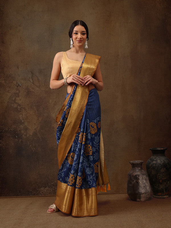 Blue Kanjeevaram Silk Digital Print Floral Saree with Unstitched Blouse - Hiral Fashion | Swadesiicart