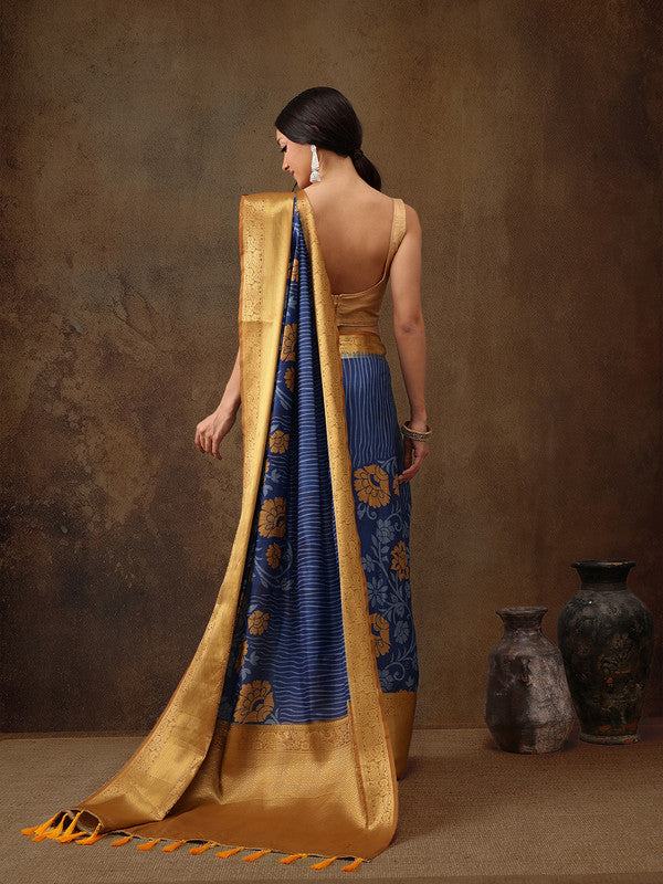 Blue Kanjeevaram Silk Digital Print Floral Saree with Unstitched Blouse - Hiral Fashion | Swadesiicart