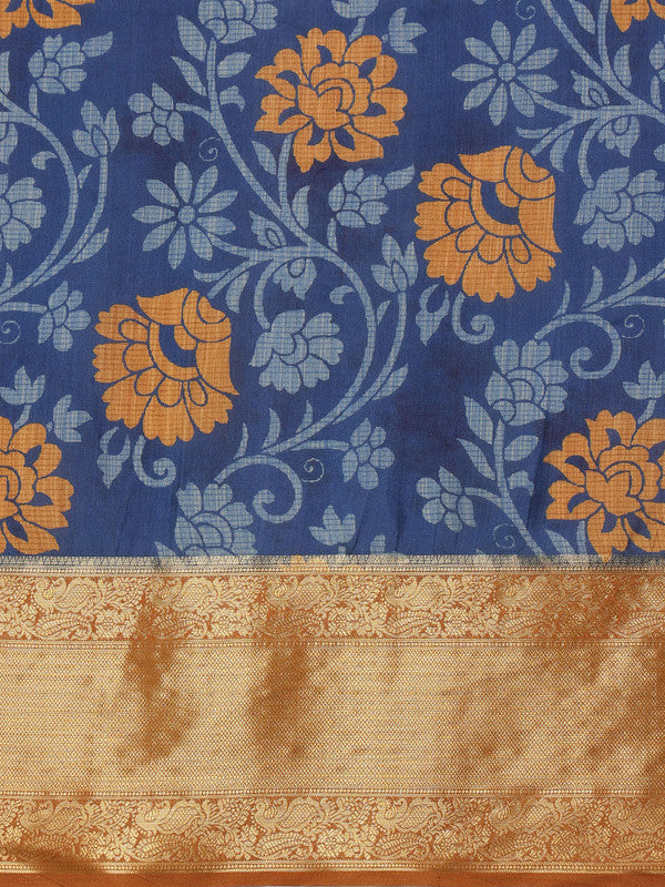 Blue Kanjeevaram Silk Digital Print Floral Saree with Unstitched Blouse - Hiral Fashion | Swadesiicart