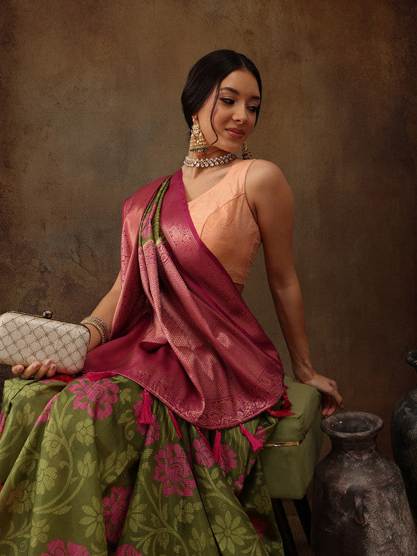 Olive Kanjeevaram Silk Digital Print Floral Saree with Unstitched Blouse - Hiral Fashion | Swadesiicart