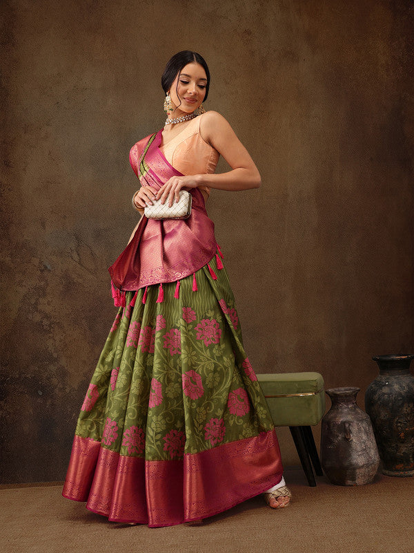 Olive Kanjeevaram Silk Digital Print Floral Saree with Unstitched Blouse - Hiral Fashion | Swadesiicart