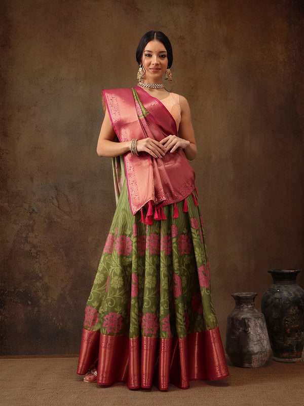 Olive Kanjeevaram Silk Digital Print Floral Saree with Unstitched Blouse - Hiral Fashion | Swadesiicart