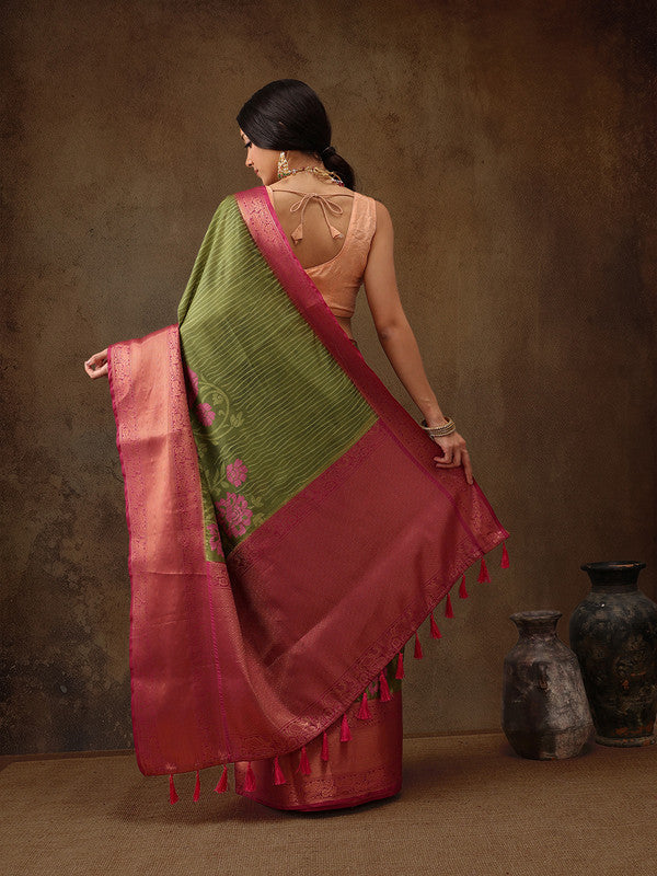 Olive Kanjeevaram Silk Digital Print Floral Saree with Unstitched Blouse - Hiral Fashion | Swadesiicart