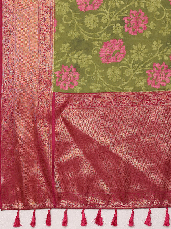 Olive Kanjeevaram Silk Digital Print Floral Saree with Unstitched Blouse - Hiral Fashion | Swadesiicart