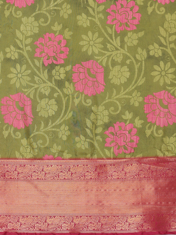 Olive Kanjeevaram Silk Digital Print Floral Saree with Unstitched Blouse - Hiral Fashion | Swadesiicart