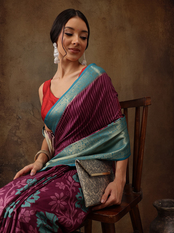 Pink Kanjeevaram Silk Digital Print Floral Saree with Unstitched Blouse - Hiral Fashion | Swadesiicart