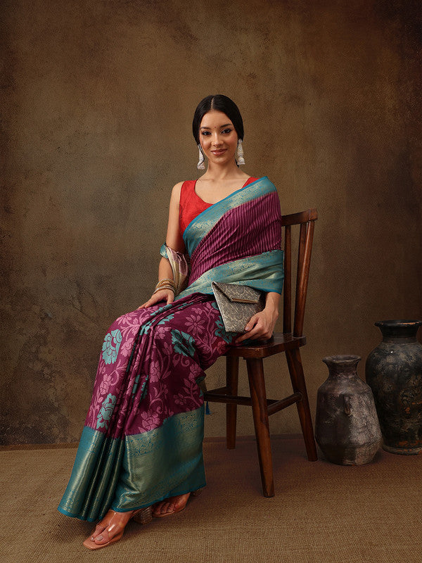 Pink Kanjeevaram Silk Digital Print Floral Saree with Unstitched Blouse - Hiral Fashion | Swadesiicart