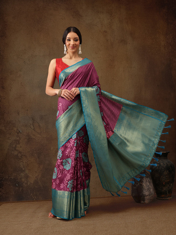Pink Kanjeevaram Silk Digital Print Floral Saree with Unstitched Blouse - Hiral Fashion | Swadesiicart