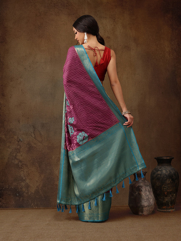 Pink Kanjeevaram Silk Digital Print Floral Saree with Unstitched Blouse - Hiral Fashion | Swadesiicart