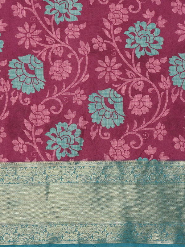 Pink Kanjeevaram Silk Digital Print Floral Saree with Unstitched Blouse - Hiral Fashion | Swadesiicart