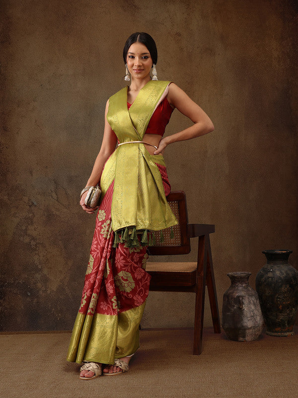 Red Kanjeevaram Silk Digital Print Floral Saree with Unstitched Blouse - Hiral Fashion | Swadesiicart