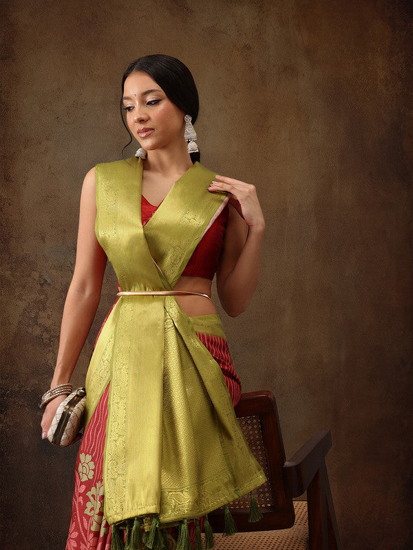 Red Kanjeevaram Silk Digital Print Floral Saree with Unstitched Blouse - Hiral Fashion | Swadesiicart