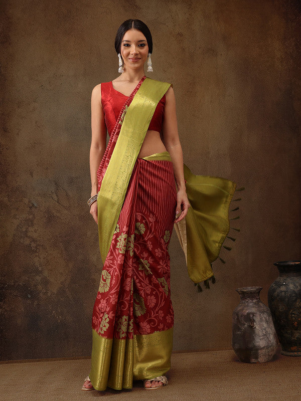 Red Kanjeevaram Silk Digital Print Floral Saree with Unstitched Blouse - Hiral Fashion | Swadesiicart