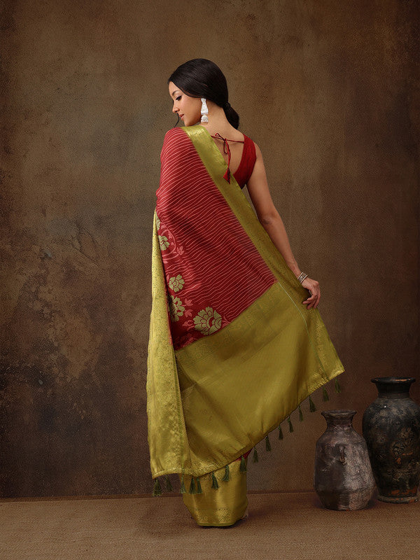 Red Kanjeevaram Silk Digital Print Floral Saree with Unstitched Blouse - Hiral Fashion | Swadesiicart