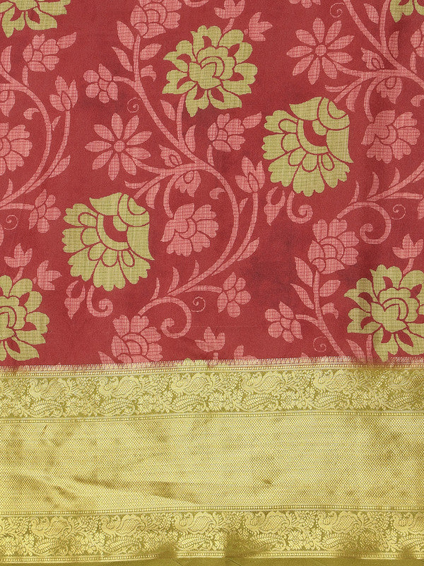 Red Kanjeevaram Silk Digital Print Floral Saree with Unstitched Blouse - Hiral Fashion | Swadesiicart