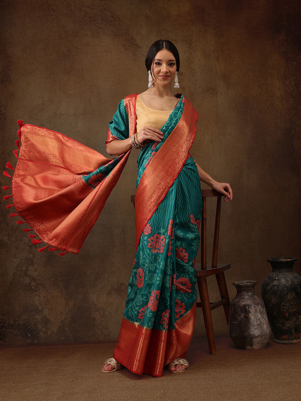 Turquoise Kanjeevaram Silk Digital Print Floral Saree with Unstitched Blouse - Hiral Fashion | Swadesiicart