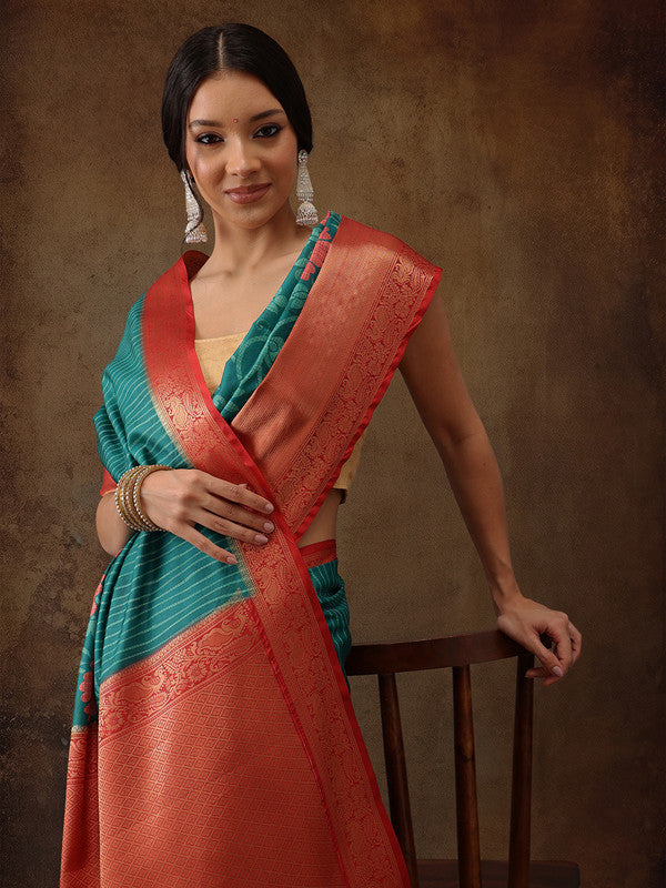 Turquoise Kanjeevaram Silk Digital Print Floral Saree with Unstitched Blouse - Hiral Fashion | Swadesiicart