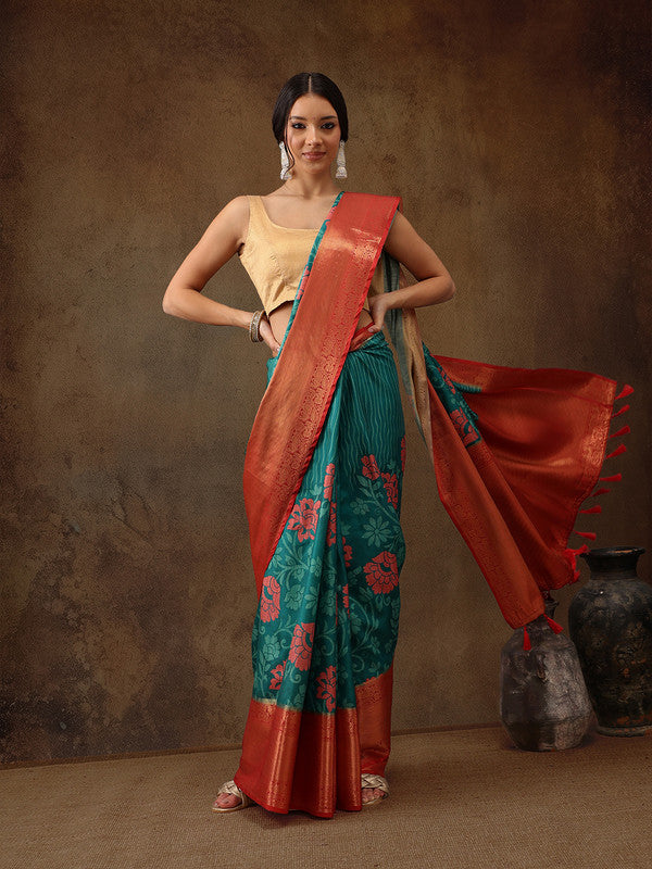 Turquoise Kanjeevaram Silk Digital Print Floral Saree with Unstitched Blouse - Hiral Fashion | Swadesiicart