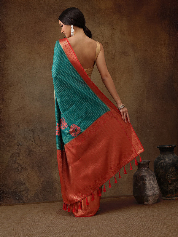 Turquoise Kanjeevaram Silk Digital Print Floral Saree with Unstitched Blouse - Hiral Fashion | Swadesiicart