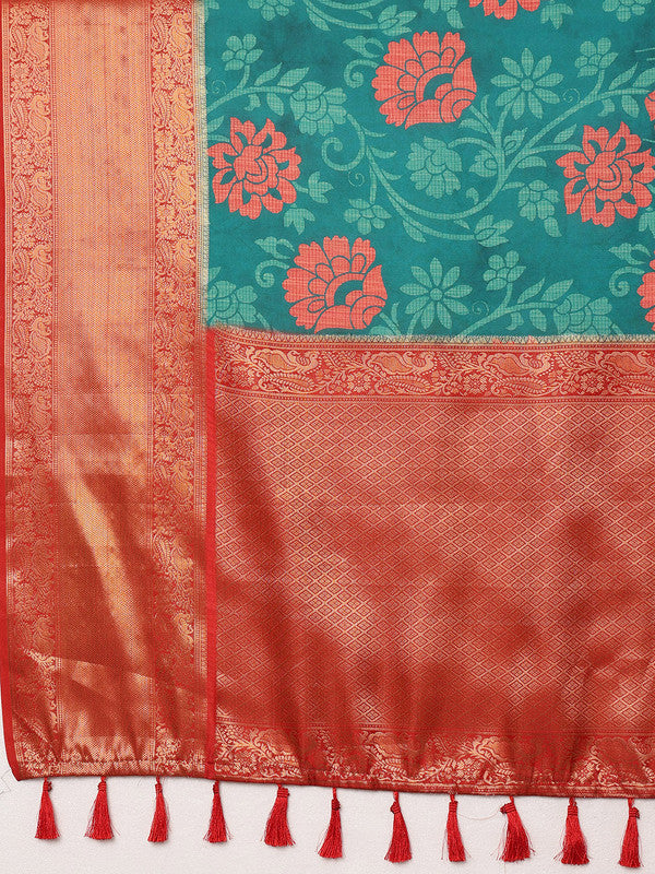 Turquoise Kanjeevaram Silk Digital Print Floral Saree with Unstitched Blouse - Hiral Fashion | Swadesiicart