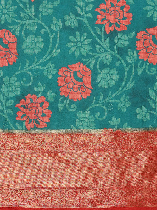 Turquoise Kanjeevaram Silk Digital Print Floral Saree with Unstitched Blouse - Hiral Fashion | Swadesiicart