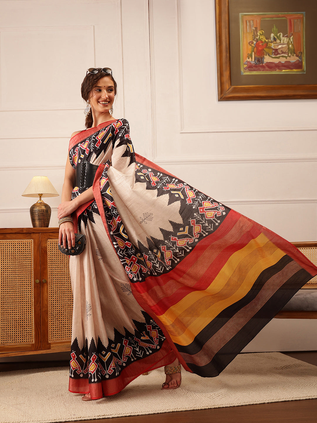 Hiral Fashion Beige Ikkat Kotha Silk Floral Digital Print Saree | Swadesiicart