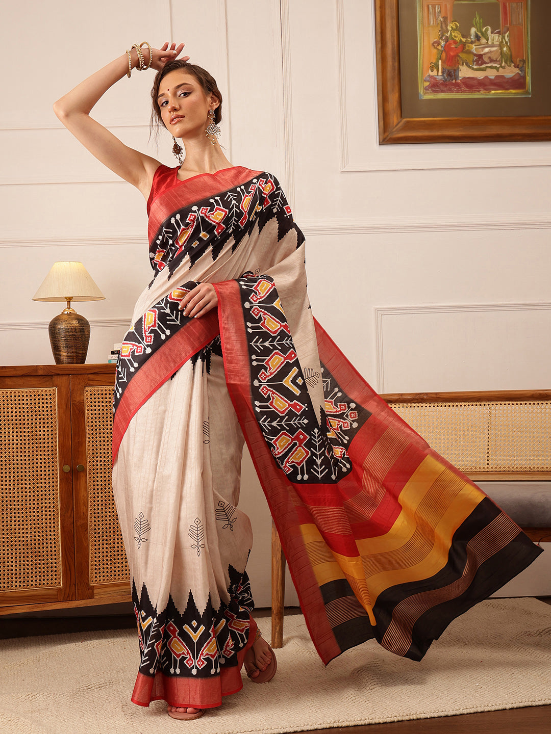 Hiral Fashion Beige Ikkat Kotha Silk Floral Digital Print Saree | Swadesiicart