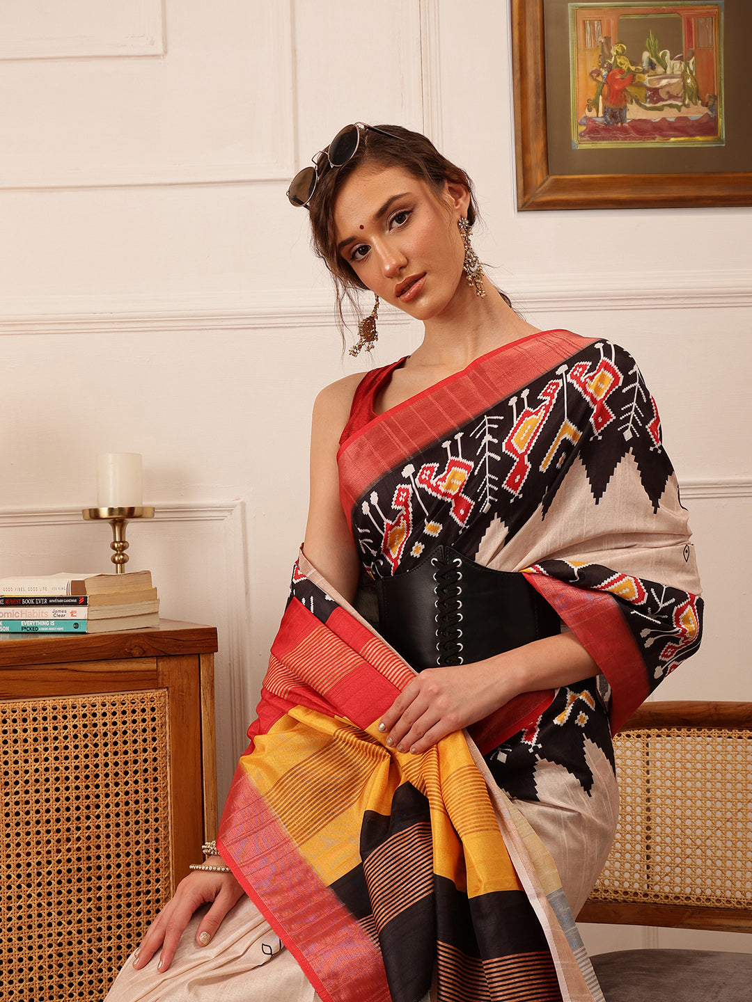 Hiral Fashion Beige Ikkat Kotha Silk Floral Digital Print Saree | Swadesiicart