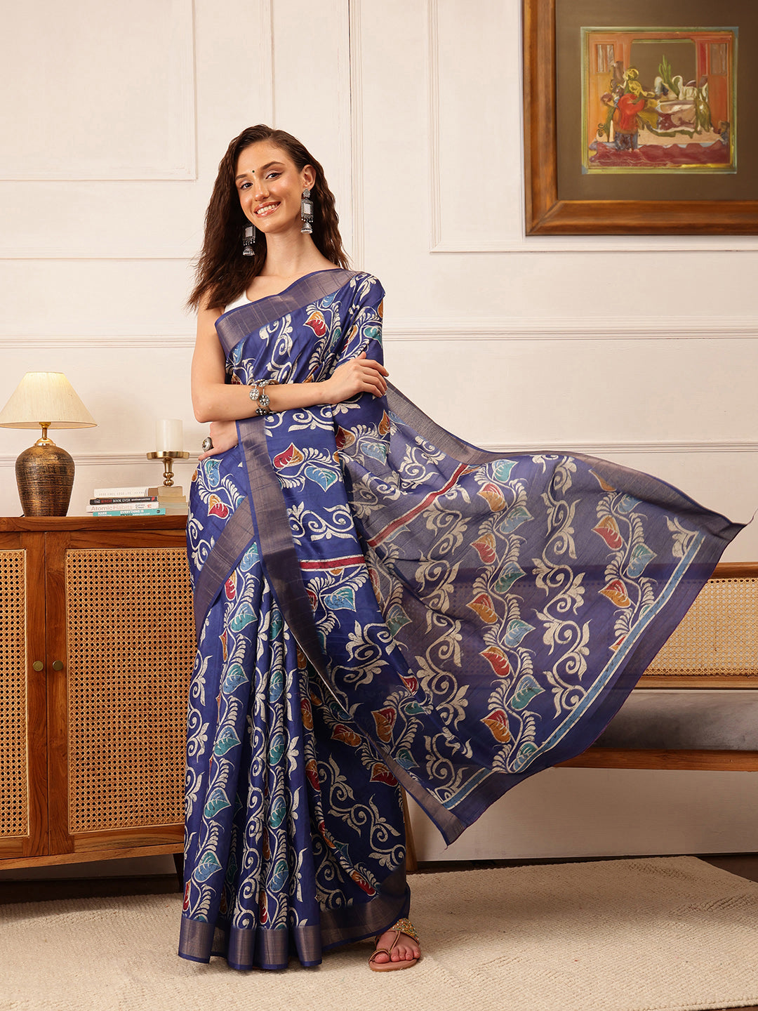 Hiral Fashion Blue Ikkat Kotha Silk Floral Digital Print Saree | Swadesiicart