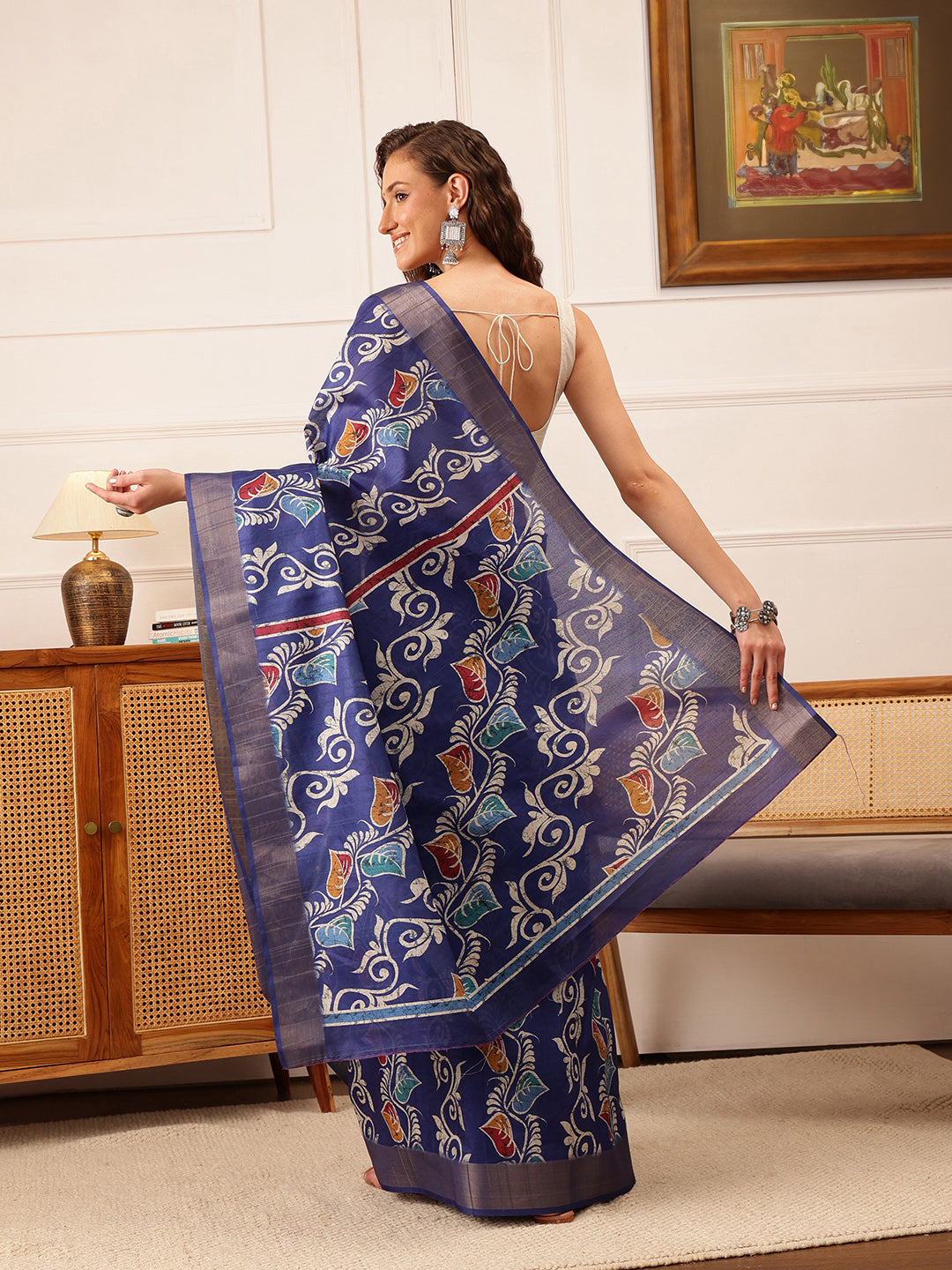 Hiral Fashion Blue Ikkat Kotha Silk Floral Digital Print Saree | Swadesiicart